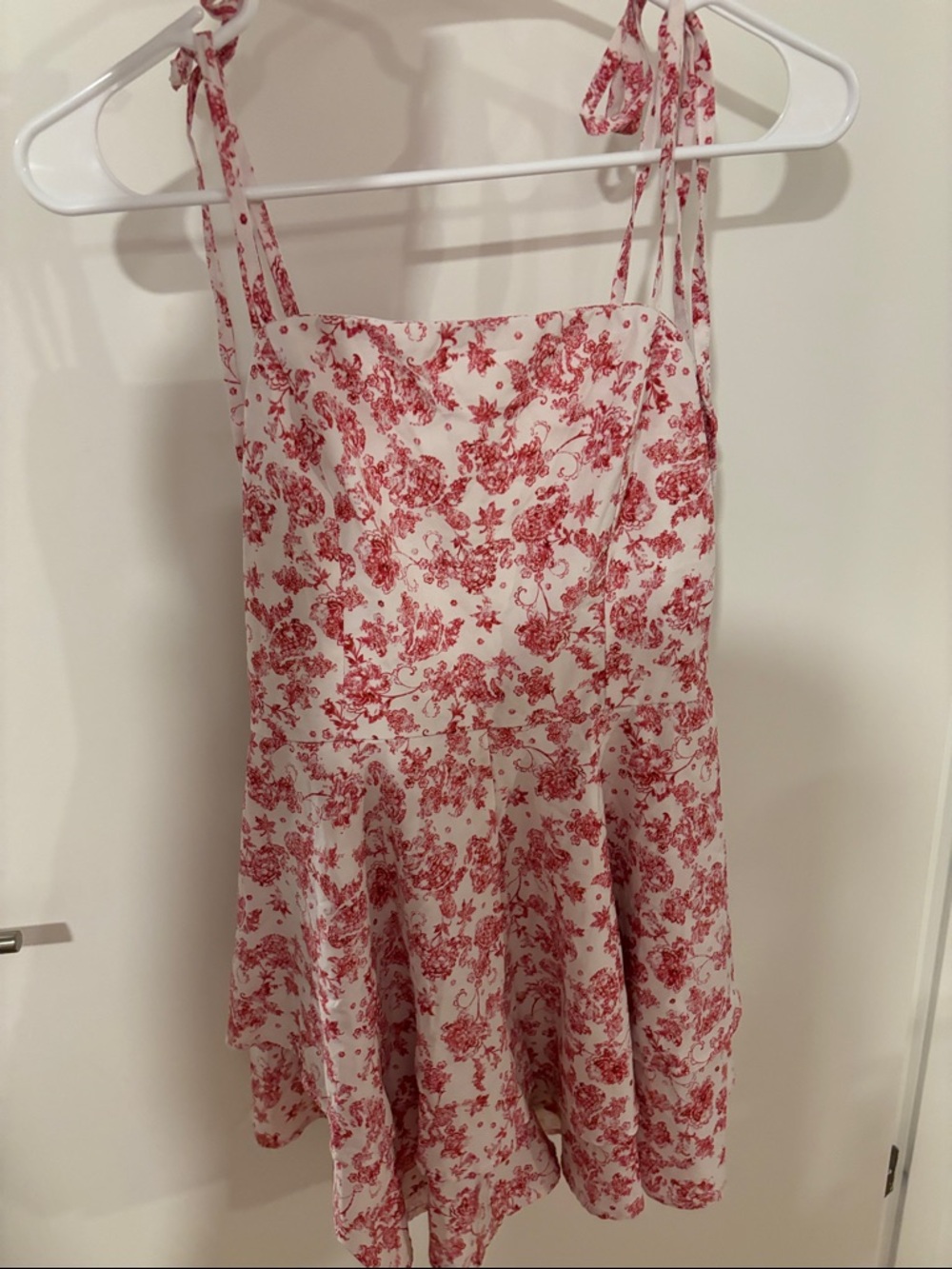 White Dress with Red Floral Print Tie Straps